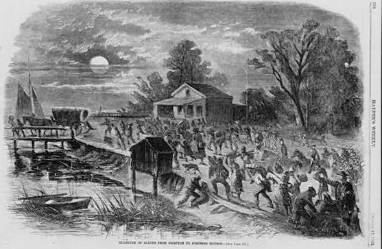 CW7.1 Images and Descriptions of the Civil War (page 8 of 23) Category 2: FREED SLAVES (continued) Image 2F: Stampede of slaves from Hampton to Fortress Monroe Sometimes slaves escaped together and