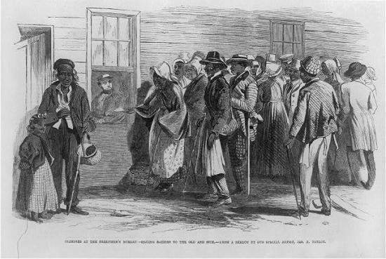 CW7.1 Images and Descriptions of the Civil War (page 4 of 23) Category 2: FREED SLAVES Image 2A: Glimpses at the Freedmen's Bureau. Issuing rations to the old and sick.