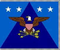 The apex is in the vertical center of the flag between four white, five-pointed stars, two stars on each side the triangle, placed horizontally.