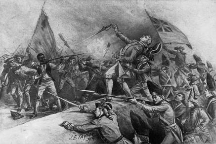 DOCUMENT 6 Bettman/CORBIS Peter Salem Shooting Major Pitcairn at Bunker Hill by James E. Taylor, 1899 6a. Which man in the painting is Peter Salem?