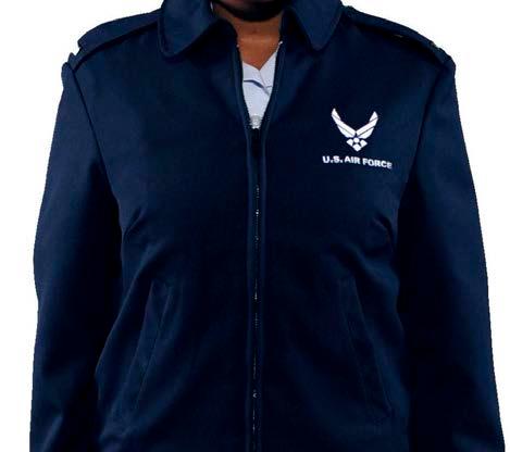 The General Officer lightweight blue jacket mirrors the Air Force lightweight jacket in design with the following exceptions: an elasticized crew-style collar, slash-style pockets with a snap down