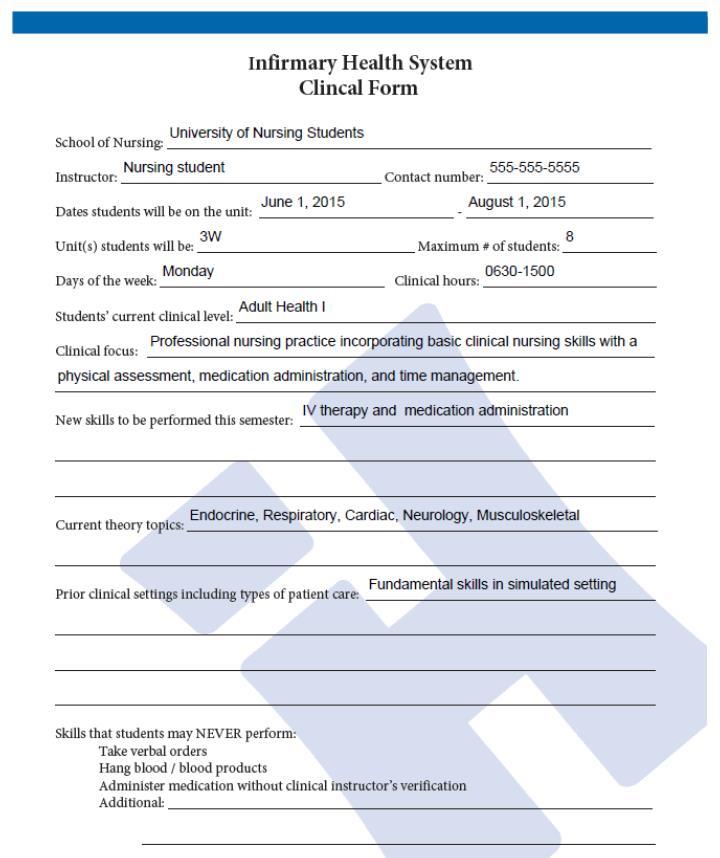 ATTACHMENT F Clinical Form Complete and EMAIL this form to the designated hospital Clinical Coordinator; Submit in person to Unit Manager/Team Leader, and post a copy on the designated unit.