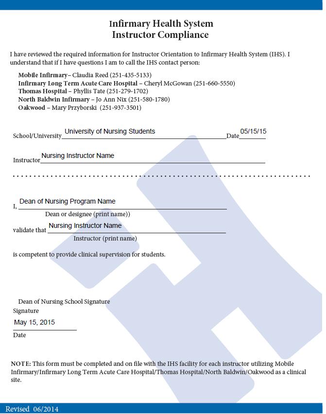 ATTACHMENT E Instructor Compliance Form Complete and EMAIL this form to the designated hospital Clinical Coordinator to comply with the nursing orientation requirements of IHS for instructors and