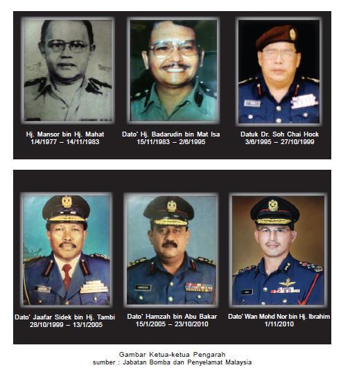 2. Ketua Pengarah Jabatan Bomba dan Penyelamat Malaysia Selepas semua negeri di Semenanjung Malaysia disatukan di bawah perkhidmatan bomba pada 1 Januari 1977, satu jawatan Ketua Pengarah