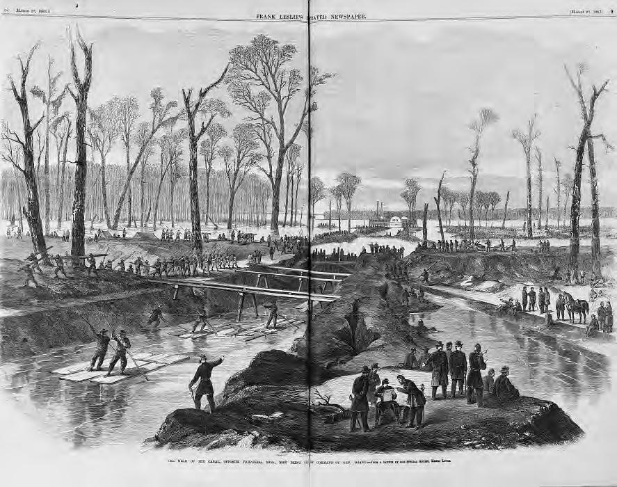 CW3.4.9 Civil War Battle Stations Vicksburg (July 4, 1863) The head of the canal, opposite Vicksburg, Miss., now being cut by Command of Gen. Grant / from a sketch by our special artist, Henri Lovie.