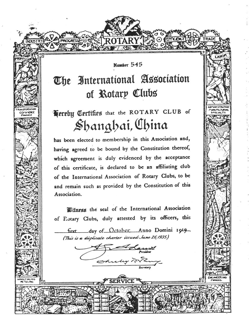Chinese Rotary Clubs 1919-1951 1 October 1919 the first Rotary club in China was chartered It was