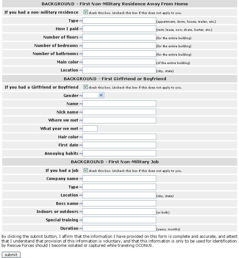 Data Entry Entries in these sections are used to develop identification data for Personnel Recovery Reports If a section applies, place a check in the box at the beginning of the section.