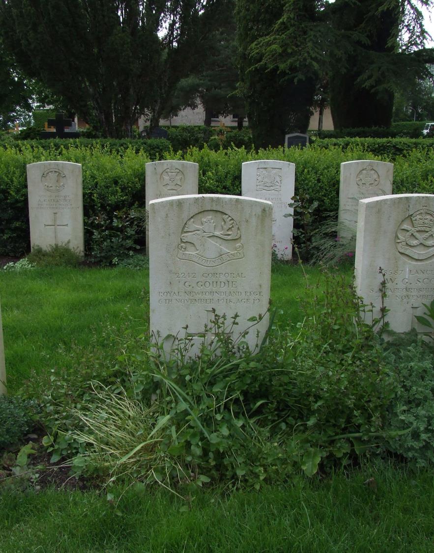 Corporal George Goudie (Regimental Number 2242), is interred in the Commonwealth Plot in Vevey (St. Martin s Churchyard) Cemetery, Switzerland.