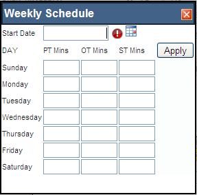 Weekly Schedule allows users to enter start date and minutes for PT, OT, and ST for the days of the week.