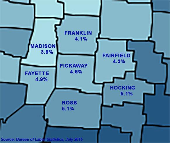 The map in Figure 17 shows the unemployment rate for the State of Ohio, with the lighter shaded counties representing lower unemployment rates and Pickaway County denoted with a black dot.
