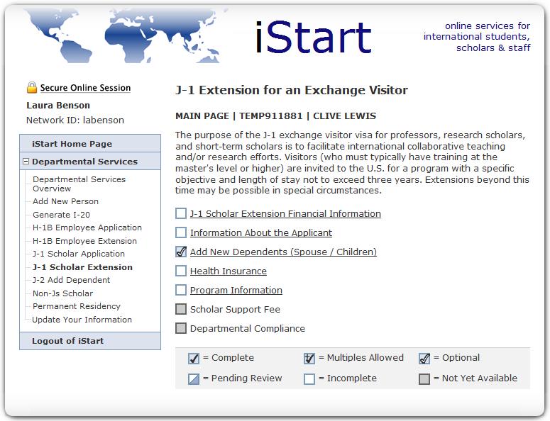 J-1 Extension for an Exchange Visitor At this point you will be on the main page for the J-1 extension application, similar to the one in Figure 4.
