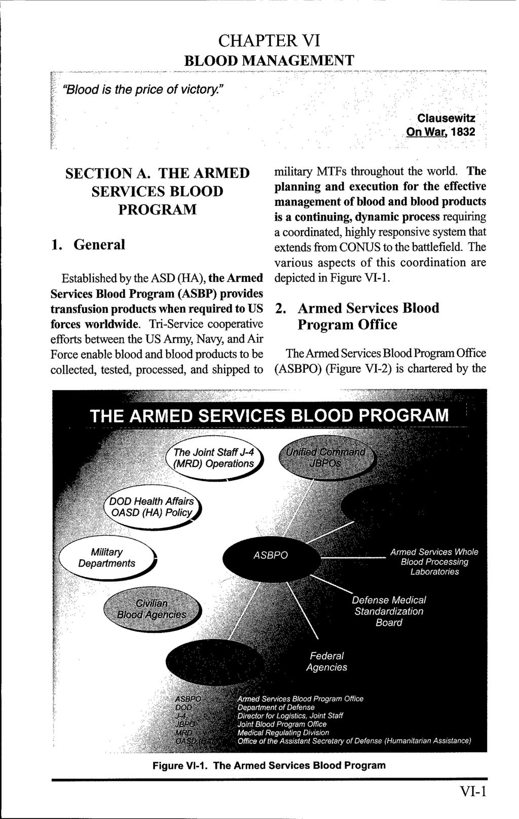 "Blood is the price of victory." CHAPTER VI BLOOD MANAGEMENT Clausewitz On War. 1832 SECTION A. THE ARMED SERVICES BLOOD PROGRAM 1.