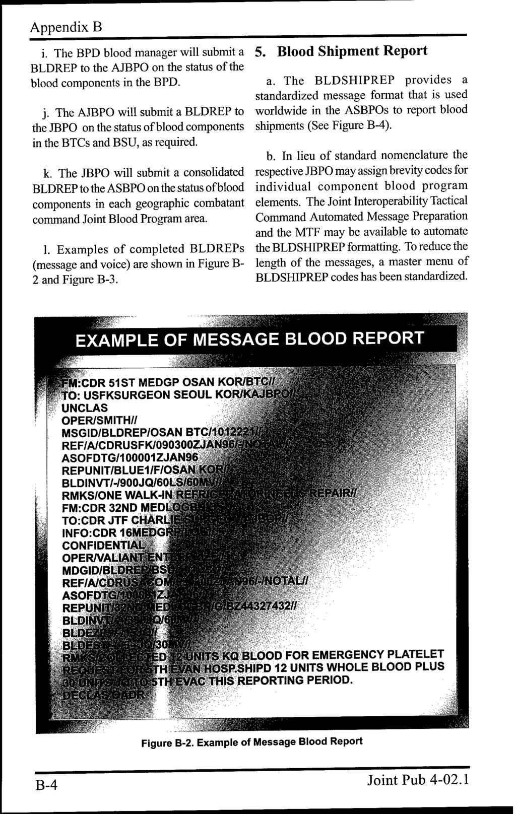 Appendix B i. The BPD blood manager will submit a BLDREP to the AJBPO on the status of the blood components in the BPD. j.