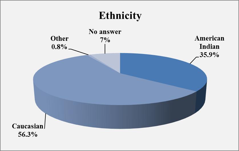 Ethnicity (Question 39) 206 N= 28 Fifty-six percent (n=72) of respondents reported they are Caucasian and 35.9% (n=46) are American Indian.