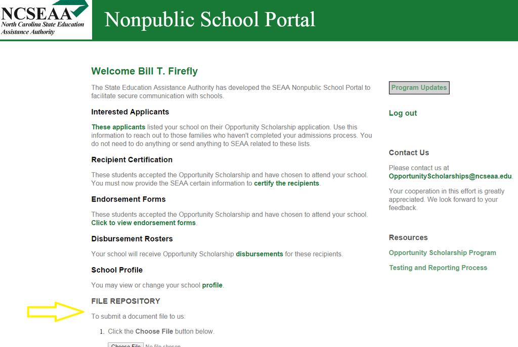 Nonpublic School Training Document 3 File Repository: uploading files to SEAA On the main page, scroll