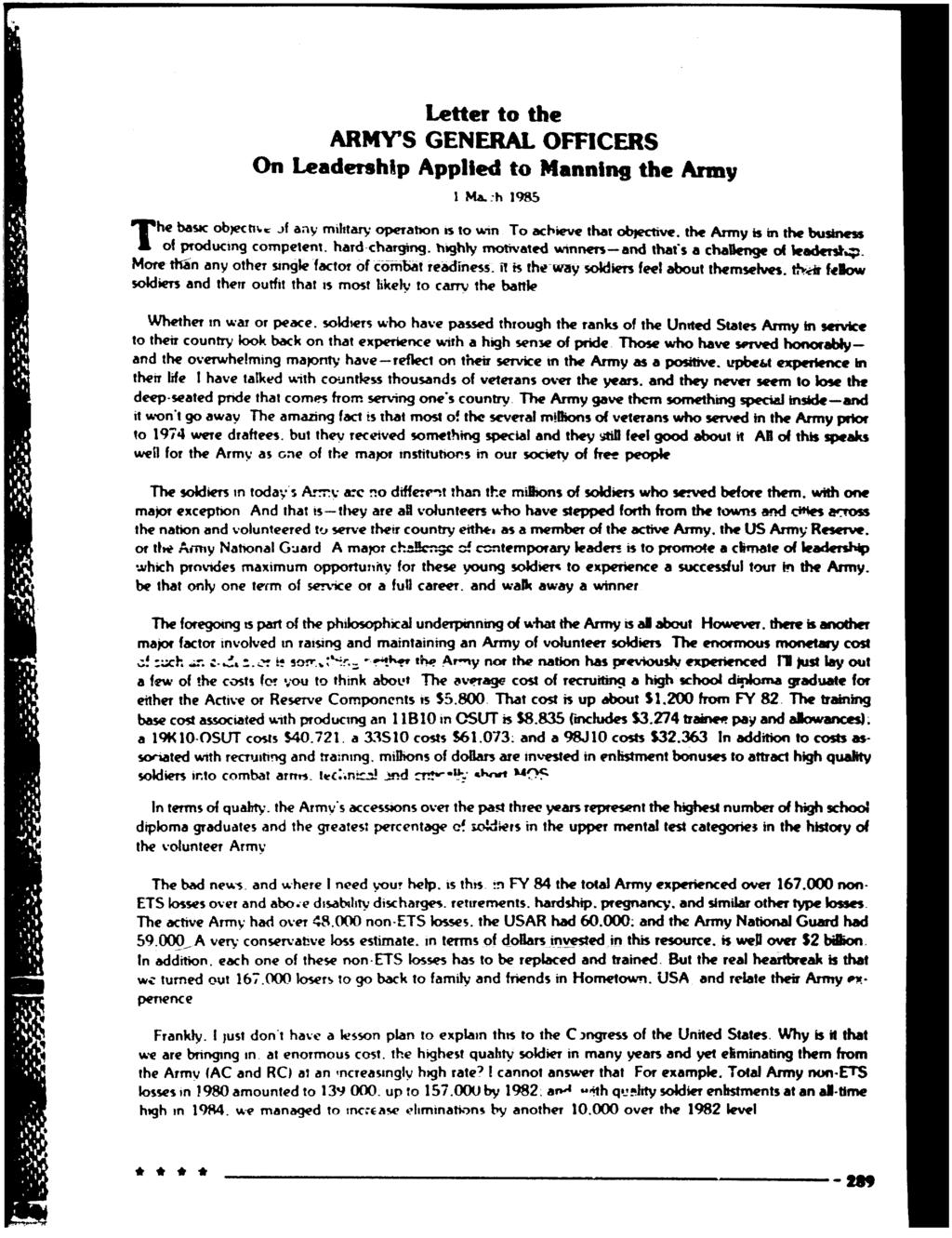 Letter to the ARMY'S GENERAL OFFICERS On Leadership Applied to Manning the Army I Ma.:h 1985 T he bas objekit, Af any military operation is to win To achieve that objective.