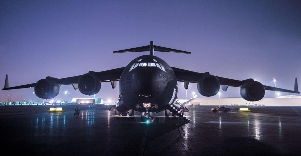 A US Air Force C-17 Globemaster III from the 816th Expeditionary Airlift Squadron sits on the ramp at Al Udeid Airbase, Qatar, before conducting combat airlift operations