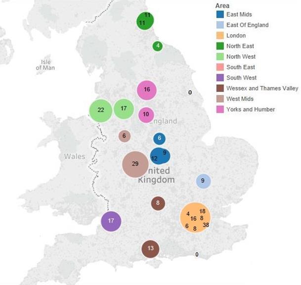 2.1 There are 23 Paediatric Intensive Care Units (PICUs) in England The circles on this map represent the location of funded PICUs.