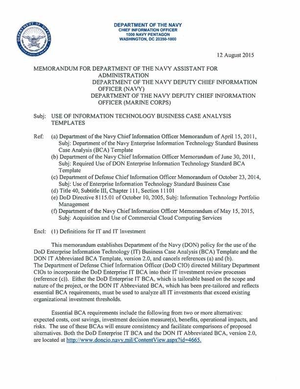 DEPARTMENT OF THE NAVY CHIEF INFORMATION OFFICER 1000 NAVY PENTAGON WASHINGTON, DC 20350-1000 12 August 2015 MEMORANDUM FOR DEPARTMENT OF THE NAVY ASSISTANT FOR ADMINISTRATION DEPARTMENT OF THE NAVY