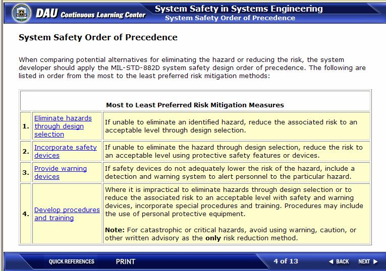 System Safety Order of Precedence - Identifies and explains application of DoD's