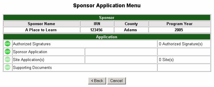 Step 3: The Sponsor Application screen displays the report period, which in this example is Program Year 2005.