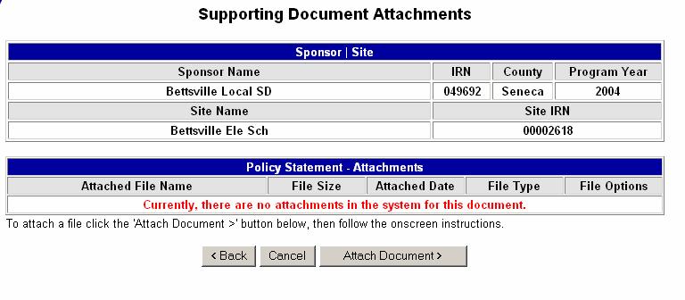 Attachment List screen Click the Attach Document button to attach a file from your computer.
