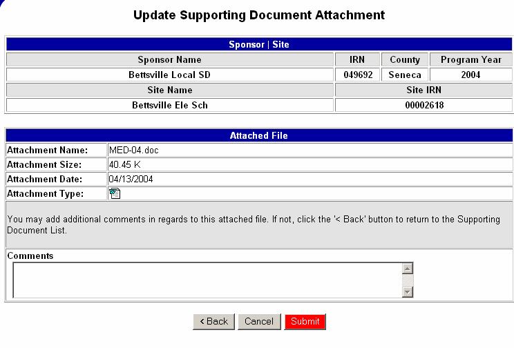 Once this has been completed, the Update Supporting Document Attachment screen will be displayed.