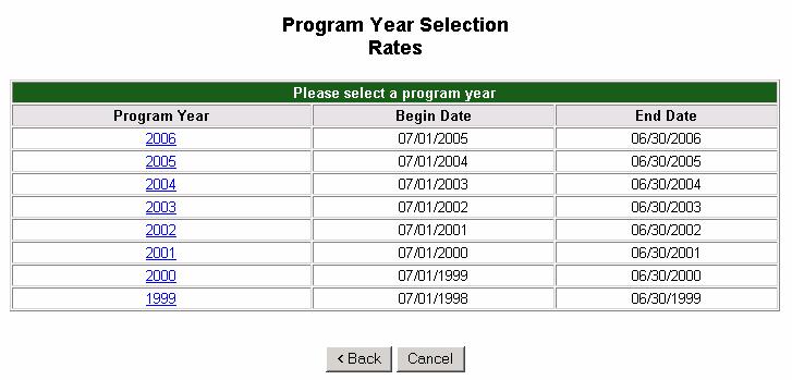 Program Year Selection Rates screen Select the Program Year for the Rates you wish to view.