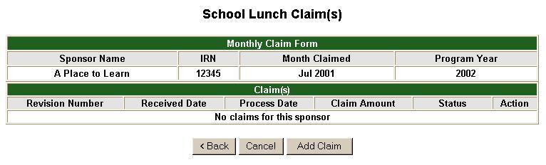 If no claim has been entered for the Claim Month selected, the following screen appears.