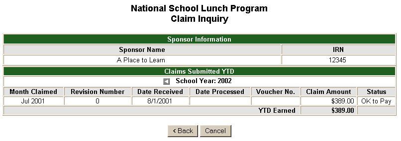 Claim Inquiry Click on Claim Inquiry and the following screen will appear. NSLP Claim Inquiry screen This screen displays the Claim Amount and Status by Month Claimed.