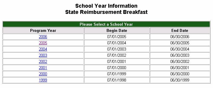 State Match Breakfast Click once on State Match-Brkfast to display the State Match Breakfast Program Year Selection screen.