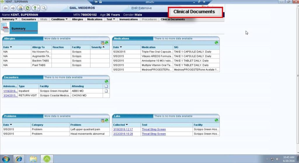 The HIE Clinical Views Screen opens and defaults