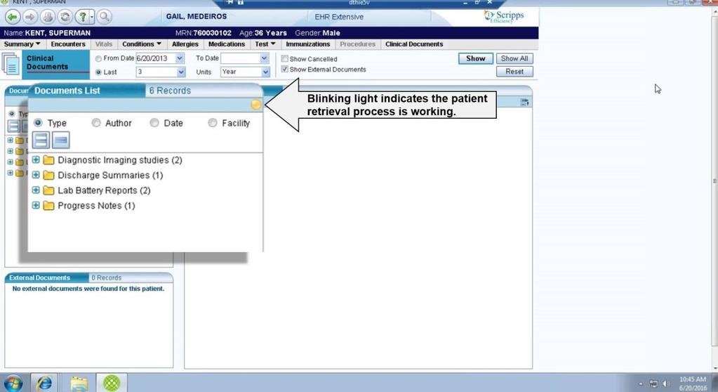 The Clinical Documents tab opens. The yellow blinking light indicates the patient retrieval process has begun searching for external documents.