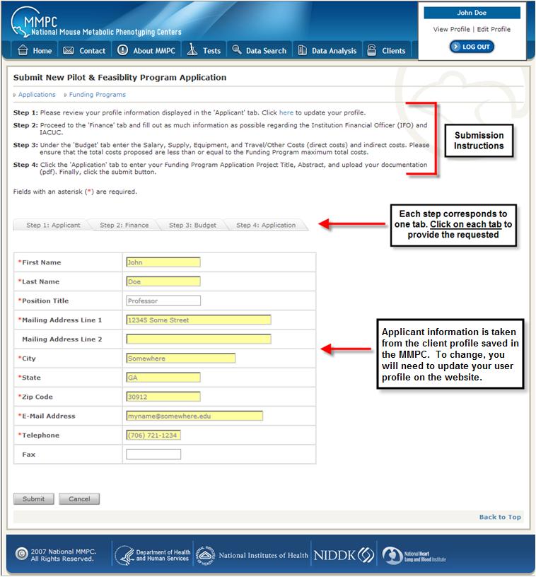 TAB 1: Applicant The first tab of the submission form provides the contact information for the investigator applying for funding.