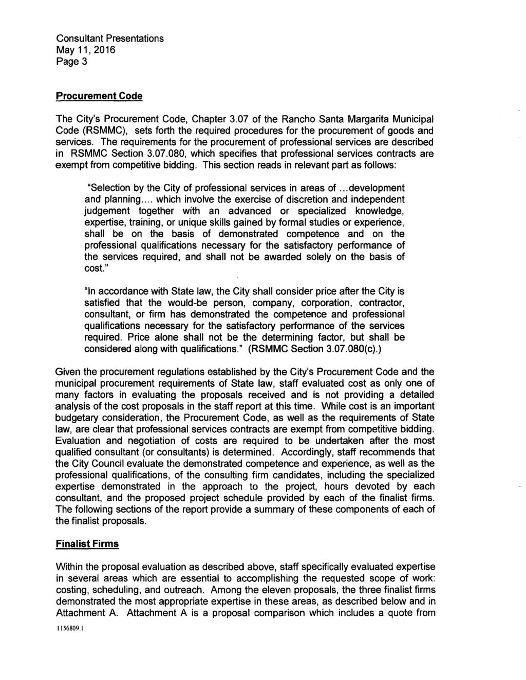Consultant Presentations May11,2016 Page 3 Page 7 Procurement Code The City's Procurement Code, Chapter 3.