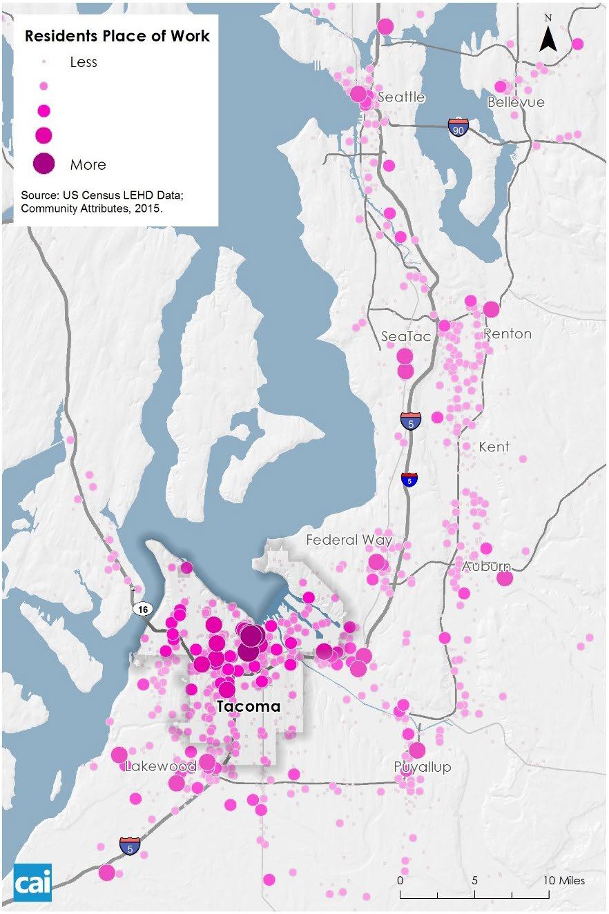 (Figure 35). The data indicates that Tacoma residents work throughout the region as shown in Figure 34 and their places of employment are dispersed.