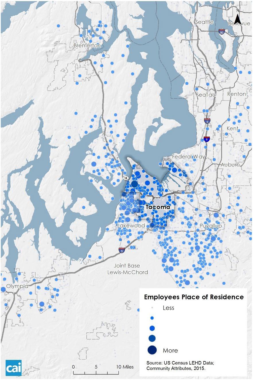 Figure 35. Place of residence for workers in Tacoma. Top 10 Destinations, 2011 Source: U.S. Census LEHD Data LOCATION PERCENT Tacoma 26.2% University Place 4.