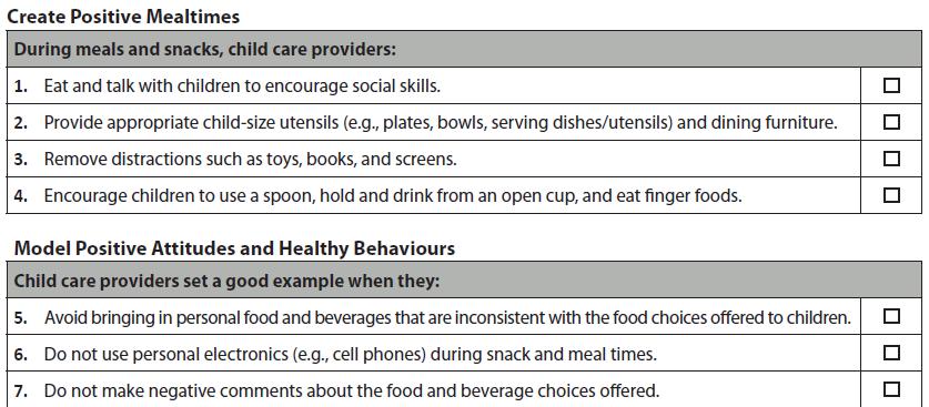 Self-Assessment Tool Supportive Nutrition Environment Checklist This checklist is used to assess
