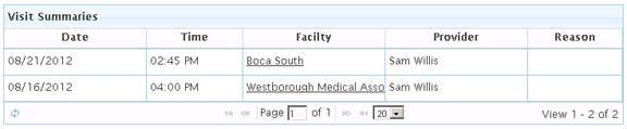 Selecting Visit Summary in the Medical Records category enables patients to view a list of all visits for which visit summaries are available.