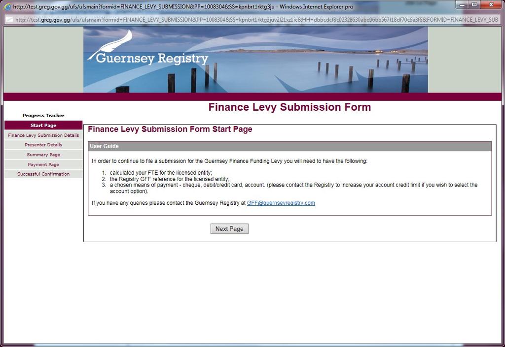 Page 2 When you have logged in, select Create Submission from the left side of the page, then select Guernsey Finance Levy to