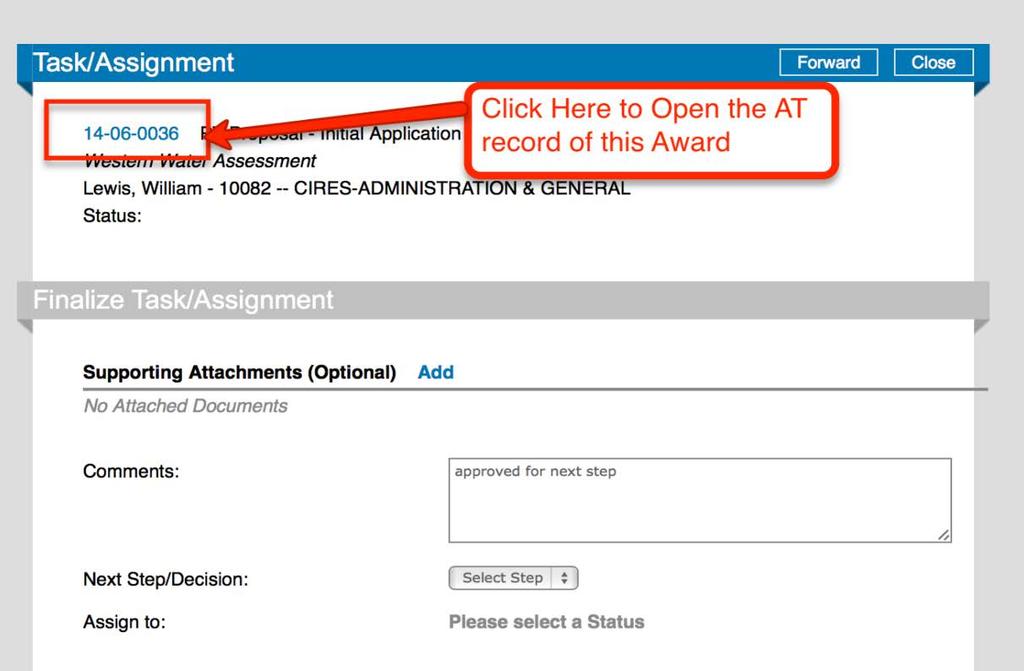 1-1.4 In the opened Task/Assignment window, open the Award Tracking by clicking on the proposal number in blue. 1-1.