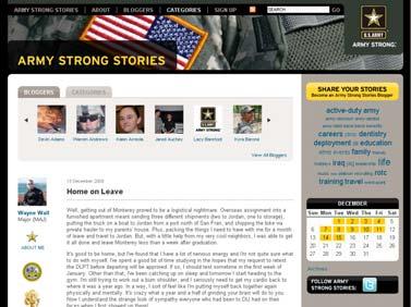 The 2009 plan included integration with additional social media elements to promote ArmyStrongStories.com. Prominently displayed on the ArmyStrongStories.