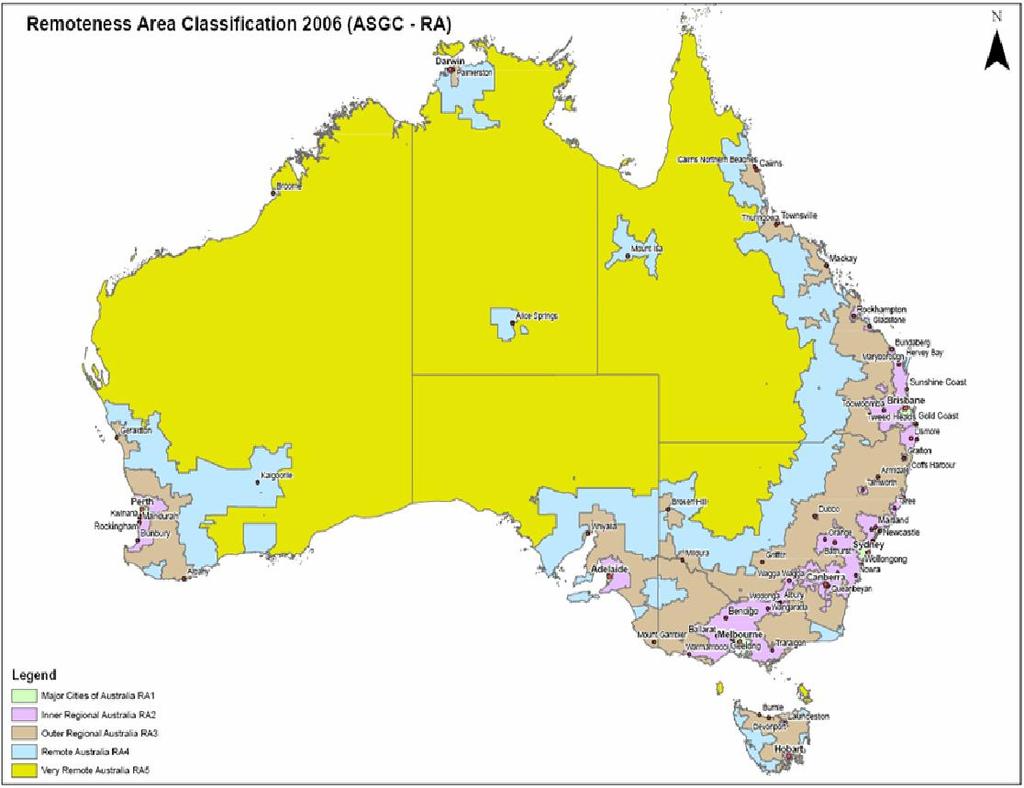 The ASGC-RA classification system contains five classifications as follows: Remoteness Area 1 Major Cities (Green); Remoteness Area 2 Inner Regional (Purple); Remoteness Area 3 Outer Regional