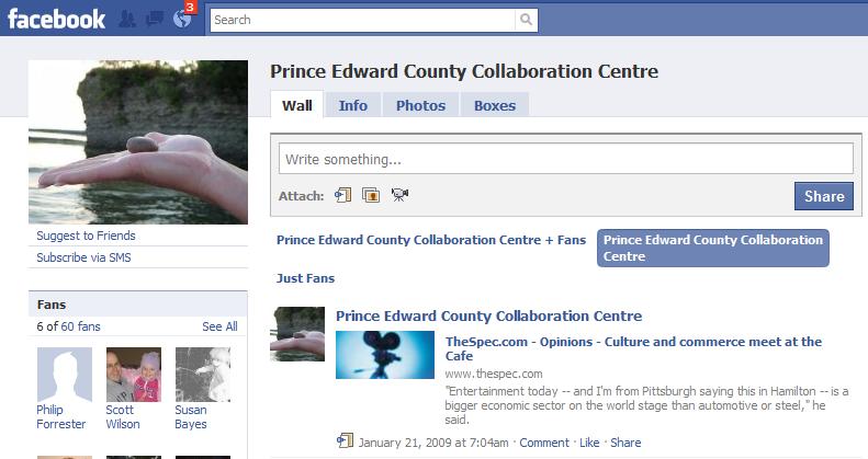 Figure 10: Prince Edward County Facebook Page As seen above, the PEC Facebook page offers links to view economic development websites, events, information, questions, favourite pages, and includes a