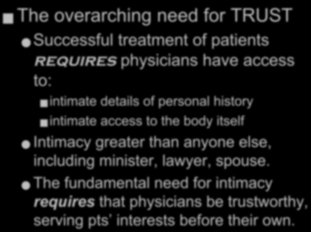 Distinguishing Characteristic The overarching need for TRUST Successful treatment of patients requires physicians have access to: intimate details of personal history intimate access to the