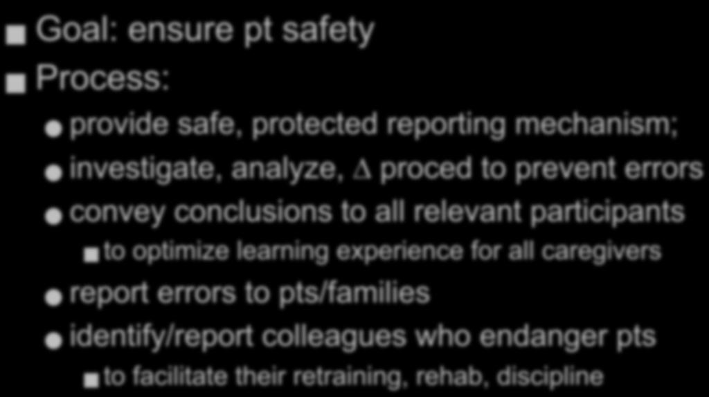 Patient Safety Policy Goal: ensure pt safety Process: provide safe, protected reporting mechanism; investigate, analyze, proced to prevent errors convey conclusions to all relevant