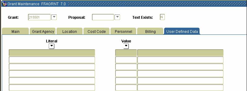 Entering User Defined Data Purpose The User Defined Data tab is used to define attributes to a grant. This is not required to run the billing processes.