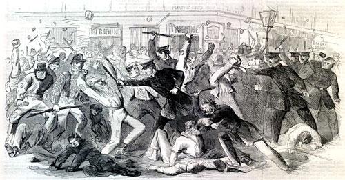 New York City Draft Riots - An engraving from the August 1, 1863 edition of Harper s Magazine, with a caption that read Charge of the Police on the Rioters at the Tribune Office.