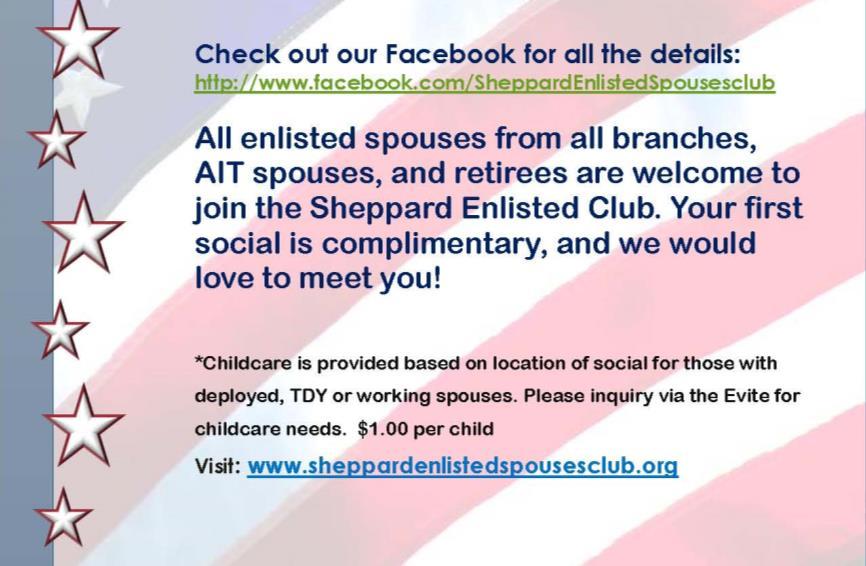 SHEPPARD ENLISTED SPOUSES PAGE Socials are 2 nd