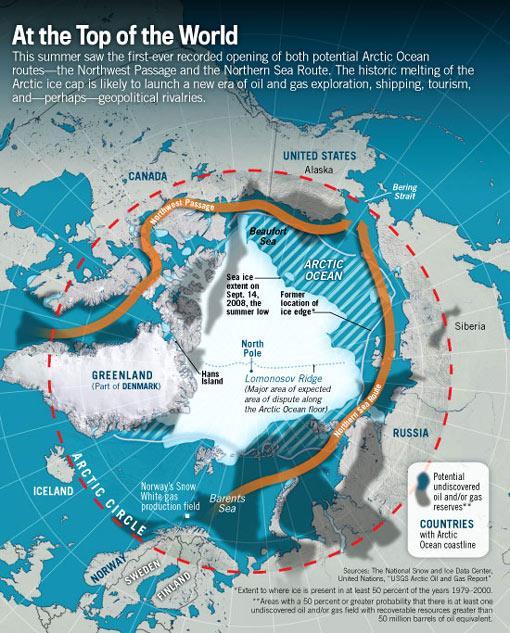Figure 3. Arctic Sea Ice Extent in September 2008, Compared with Prospective Shipping Routes and Oil and Gas Resources Source: Graphic by Stephen Rountree at U.S. News and World Report, http://www.